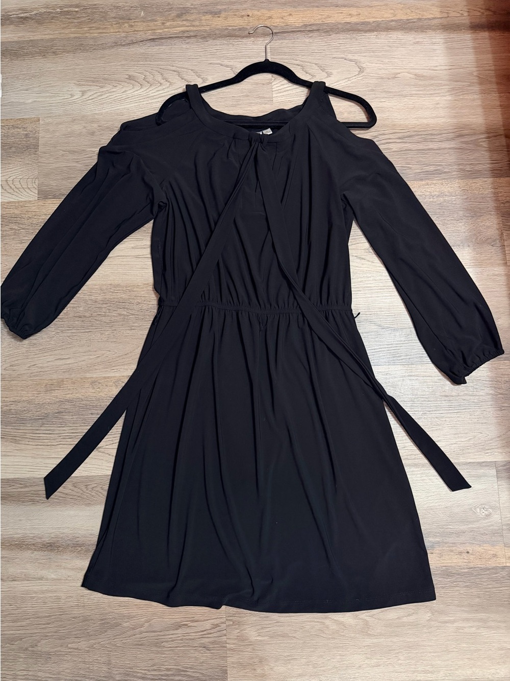 Emma & Michele Black Cold-Shoulder Long Sleeve Dress with Waist Tie Belt